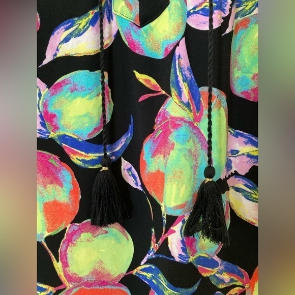PAPPAGALLO popover blouse multicolored bright fruit print tassels tie front - Picture 4 of 11
